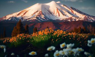 Scenic panoramic view of idyllic rolling hills landscape with blooming meadows and snowcapped alpine mountain peaks in the background on a beautiful sunny day with blue sky and clouds. photo