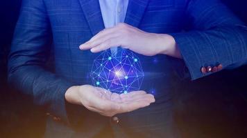 Businessman hands holding with virtual global connection concept, grow earth and global online networking connection with data exchanges, global communication network security concept. photo