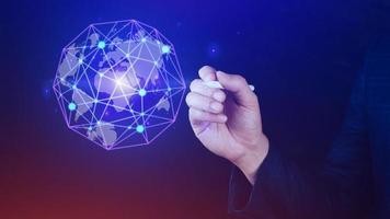 Businessman hands touching with virtual global connection concept, grow earth and global online networking connection with data exchanges, global communication network security concept. photo