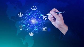 Businessman hands touching with virtual global connection concept, grow earth and global online networking connection with data exchanges, global communication network security concept. photo