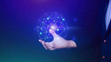 Businessman hands holding with virtual global connection concept, grow earth and global online networking connection with data exchanges, global communication network security concept. photo