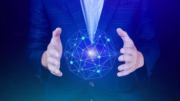 Businessman hands holding with virtual global connection concept, grow earth and global online networking connection with data exchanges, global communication network security concept. photo
