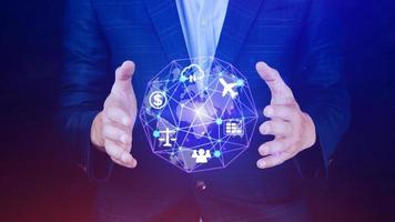 Businessman hands holding with virtual global connection concept, grow earth and global online networking connection with data exchanges, global communication network security concept. photo