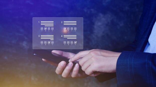 Online exam concept, choose correct answer in test. checklist and online testing on smartphone. online exam test with smartphone. online questionnaire results on desktop. quiz. photo
