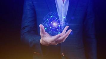 Businessman hands holding with virtual global connection concept, grow earth and global online networking connection with data exchanges, global communication network security concept. photo