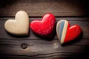 vistoso corazón forma de madera en de madera antecedentes. San Valentín día vistoso corazón forma en antiguo madera antecedentes. Días festivos antecedentes. tarjeta para amor. generativo ai. foto