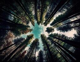 ángulo bajo ver de arboles en el bosque. ver de azul cielo mediante verde copas de los árboles, primavera temporada fondo, bajo ángulo vista. generativo ai. foto