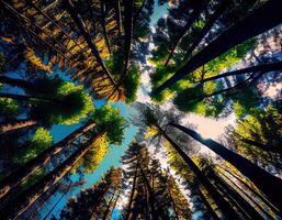 Low-angle view of trees in the forest. View of blue sky through green treetops, springtime season background, low angle view. . photo