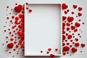 Valentine's Day concept. Top view photo of white photo frame heart-shaped confetti on isolated on background with copyspace.