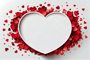 Valentine's Day concept. Top view photo of white photo frame heart-shaped confetti on isolated on background with copyspace.