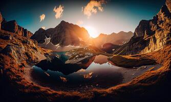 Mountain valley and river during sunrise. Natural summer landscape. Mountain river stream on summer landscape. photo