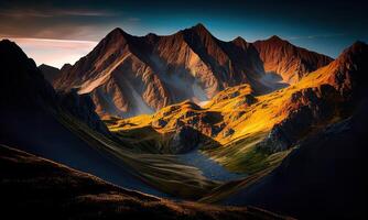 Mountain valley and river during sunrise. Natural summer landscape. Mountain river stream on summer landscape. photo