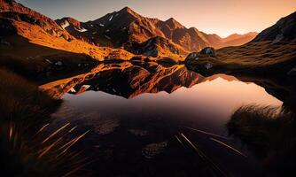 Mountain valley and river during sunrise. Natural summer landscape. Mountain river stream on summer landscape. photo