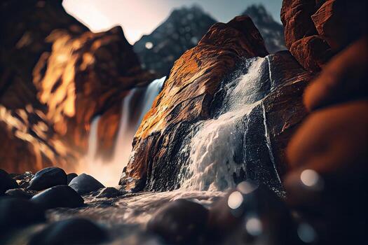 close-up view of stream waterfall. Waterfall close-up background. Water falling on the rocks in close up. . photo