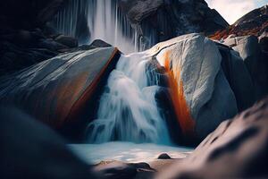 de cerca ver de corriente cascada. cascada de cerca antecedentes. agua que cae en el rocas en cerca arriba. generativo ai. foto