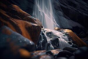 close-up view of stream waterfall. Waterfall close-up background. Water falling on the rocks in close up. . photo