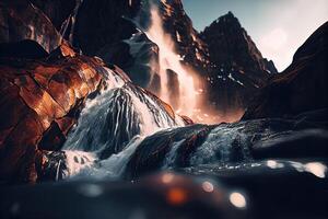 close-up view of stream waterfall. Waterfall close-up background. Water falling on the rocks in close up. . photo