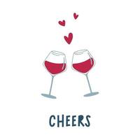 Wine Day. Two glasses of red wine, hearts and toasting word Cheers. Minimalistic style greeting card. Vector illustration.