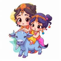 cartoon character sticker of two little girls playing with cowherd photo