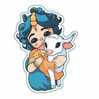 dibujos animados personaje pegatina de Krishna con vaca generativo ai foto