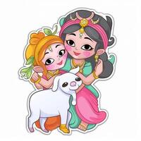 cartoon character sticker of children playing with cowherd photo