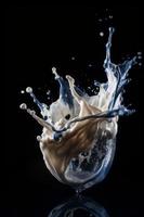 milk or yogurt splash from glass isolated on black background generative photo