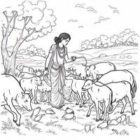 A villager lady feeding the sheep black outlined image photo