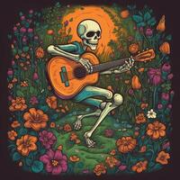 A skeleton playing guitar in the garden t shirt design image photo