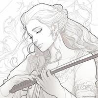 A coloring book line art drawing of a Pretty girl playing instrument photo