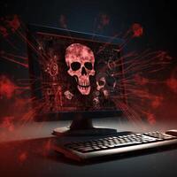 Skull in computer shows computer malware photo