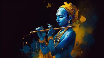 Image of divine beautiful closed eyes blue colored krishna photo