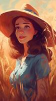 A beautiful young girl wearing beach hat in farm photo