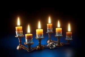 Set of beautiful burnt candles on candle stand photo