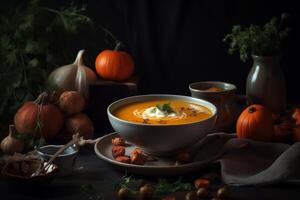 imagen de suave matices de el calabaza y Zanahoria sopa generativo ai foto