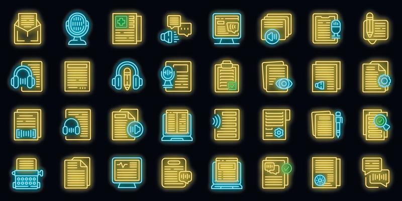 Transcription icons set vector neon