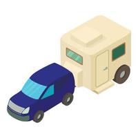 Camping tourism icon isometric vector. New blue car towing camping trailer icon vector