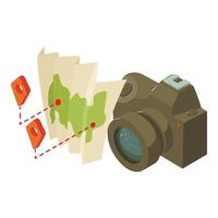 Rest concept icon isometric vector. Modern photo camera and paper map with pin vector