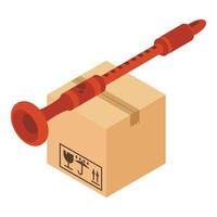 Musical pipe icon isometric vector. Wooden wind instrument on closed parcel box vector