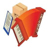 Accordion icon isometric vector. Folk musical instrument near box and clipboard vector