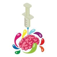 neurofisiología icono isométrica vector. realista humano cerebro desechable jeringuilla vector