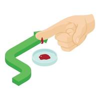 Blood analysis icon isometric vector. Finger with blood drop above petri dish vector