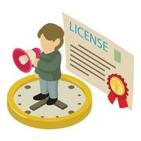 Medical reform icon isometric vector. Man with loudspeaker on clock and license vector