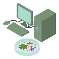 Lab research icon isometric vector. Computer and petri dish with microorganism vector