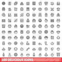 100 delicious icons set, outline style vector