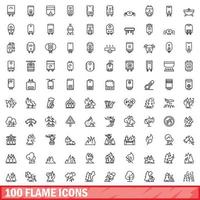 100 flame icons set, outline style vector