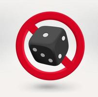 Dice icon in red circle with crossed line. No gamebling concept. 3d vector icon