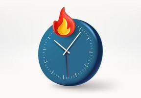 Blue clock with white arrows and fire sign. Hot data concept. 3d vector illustration