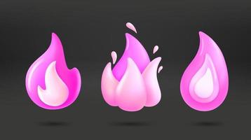 Pink flames collection. 3d vector icons isolated on dark background