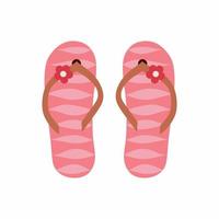 Pair of flip flops, summer time vacation attribute, slippers with flower. Pink and red colors isolated on white. vector
