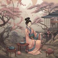un japonés anime estilo imagen de un chino antiguo generativo ai foto